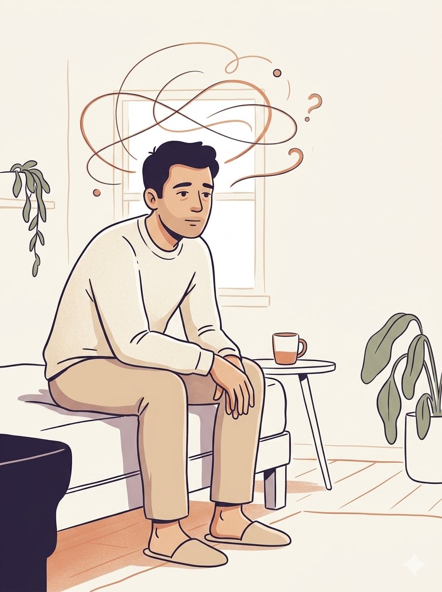 Person reflecting at home with swirling thoughts